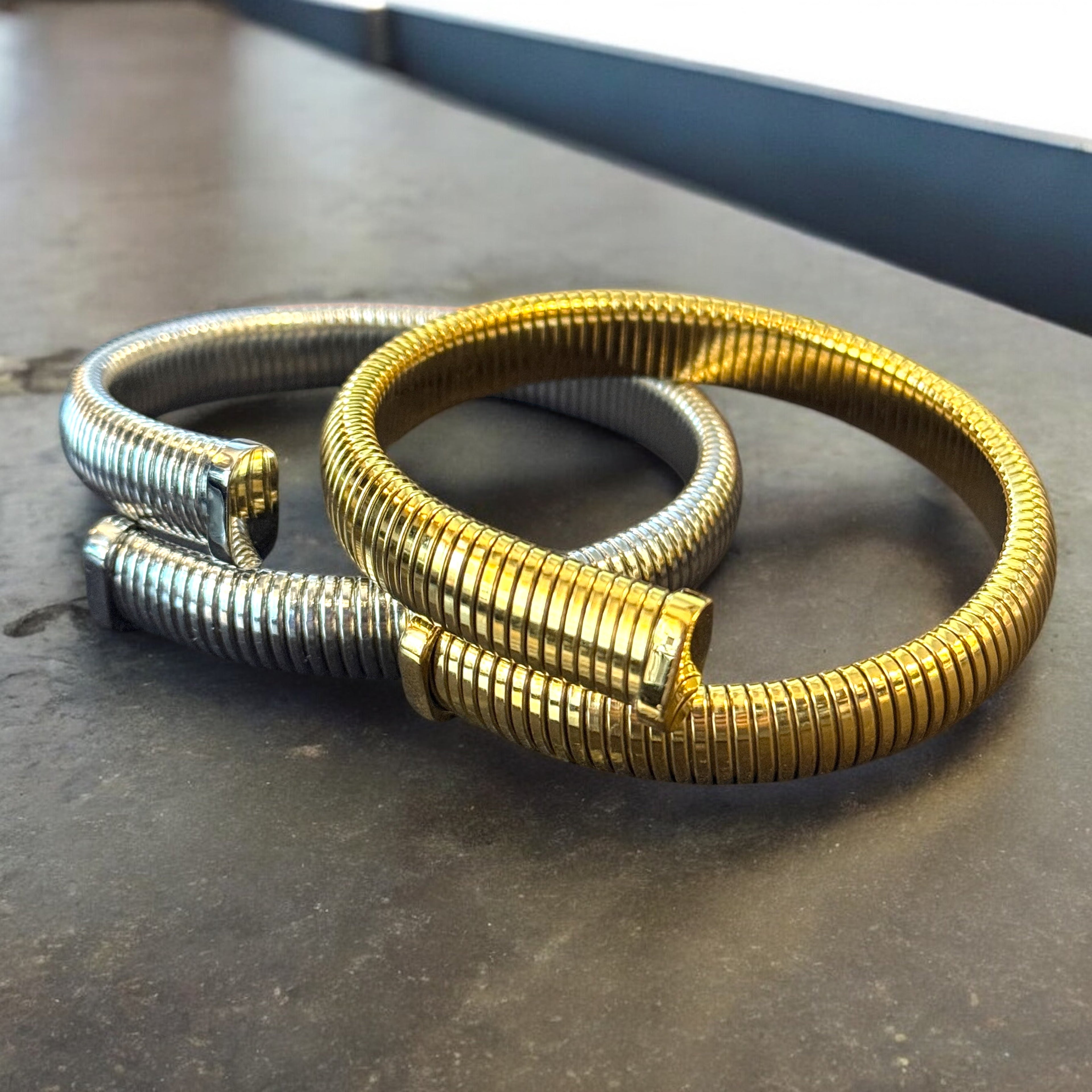 Waterproof Slinky Open Bangle Bracelet Polished Stainless Steel & 14k Gold PVD Plated Stainless Steel