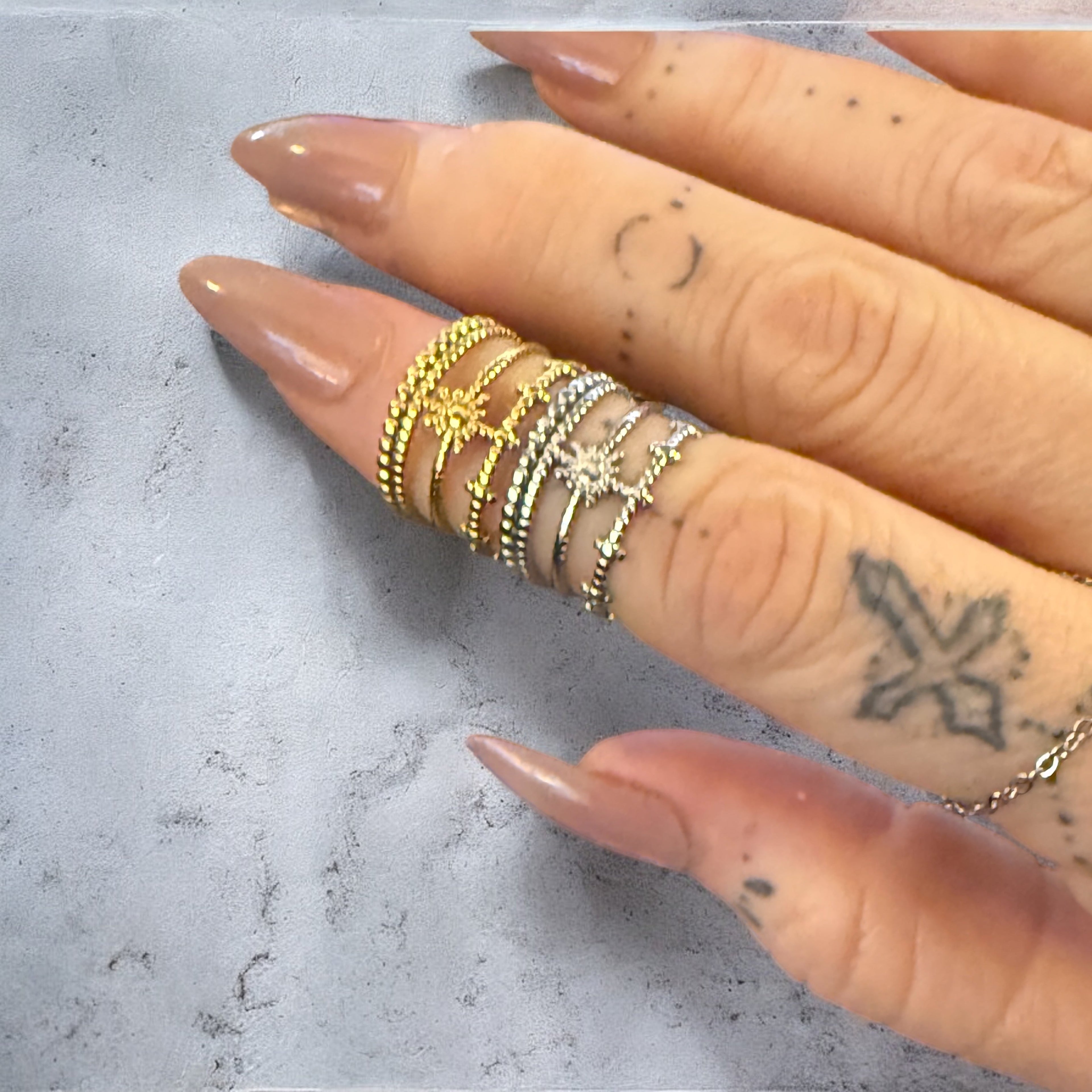 Waterproof Beaded Sunburst Adjustable Knuckle Ring Polished Stainless Steel & 14k Gold PVD Plated Stainless Steel