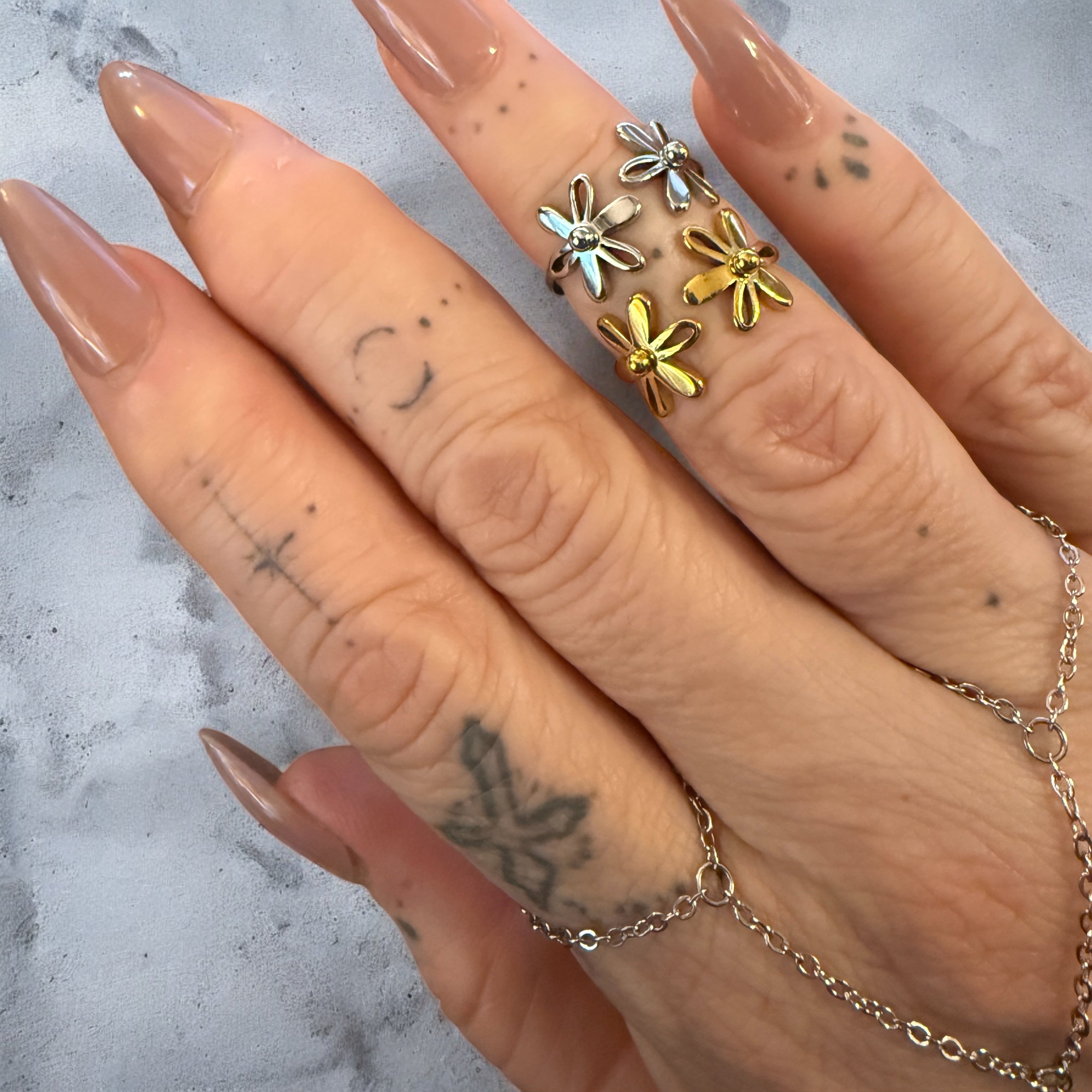 Waterproof Double Flower Knuckle Ring Polished Stainless Steel & 14k Gold PVD Plated Stainless Steel