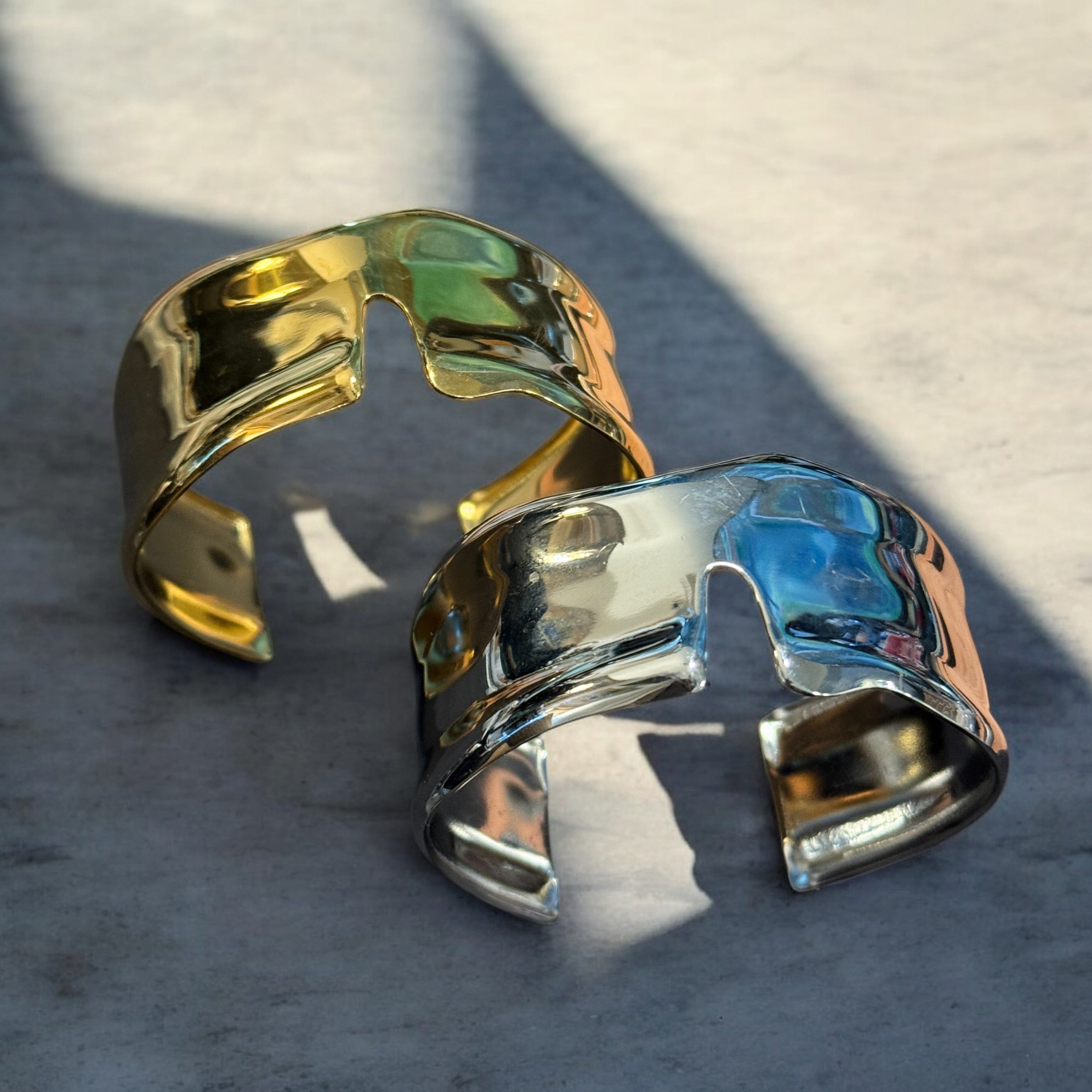 Waterproof Abstract Open Cuff Bracelet Polished Stainless Steel & 14k Gold PVD Plated Stainless Steel