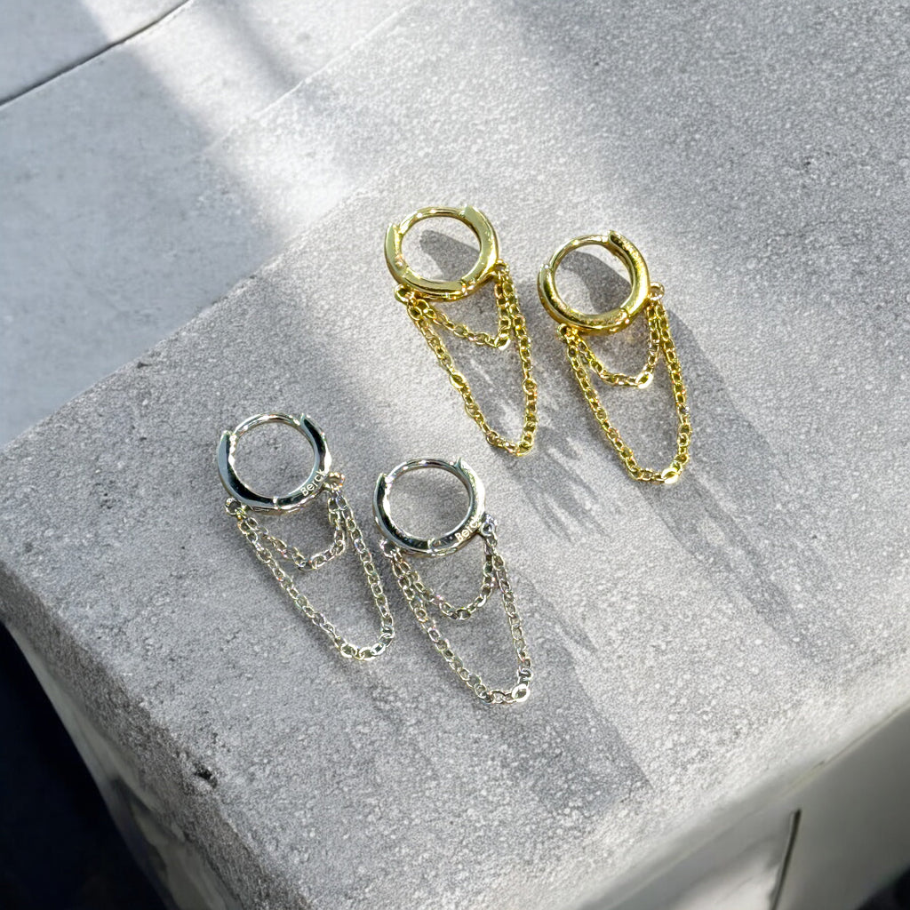 Waterproof Chain Drop Huggie Hoop Earrings 13mm 14K Gold PVD Plated or 925 Sterling Silver PVD Plated