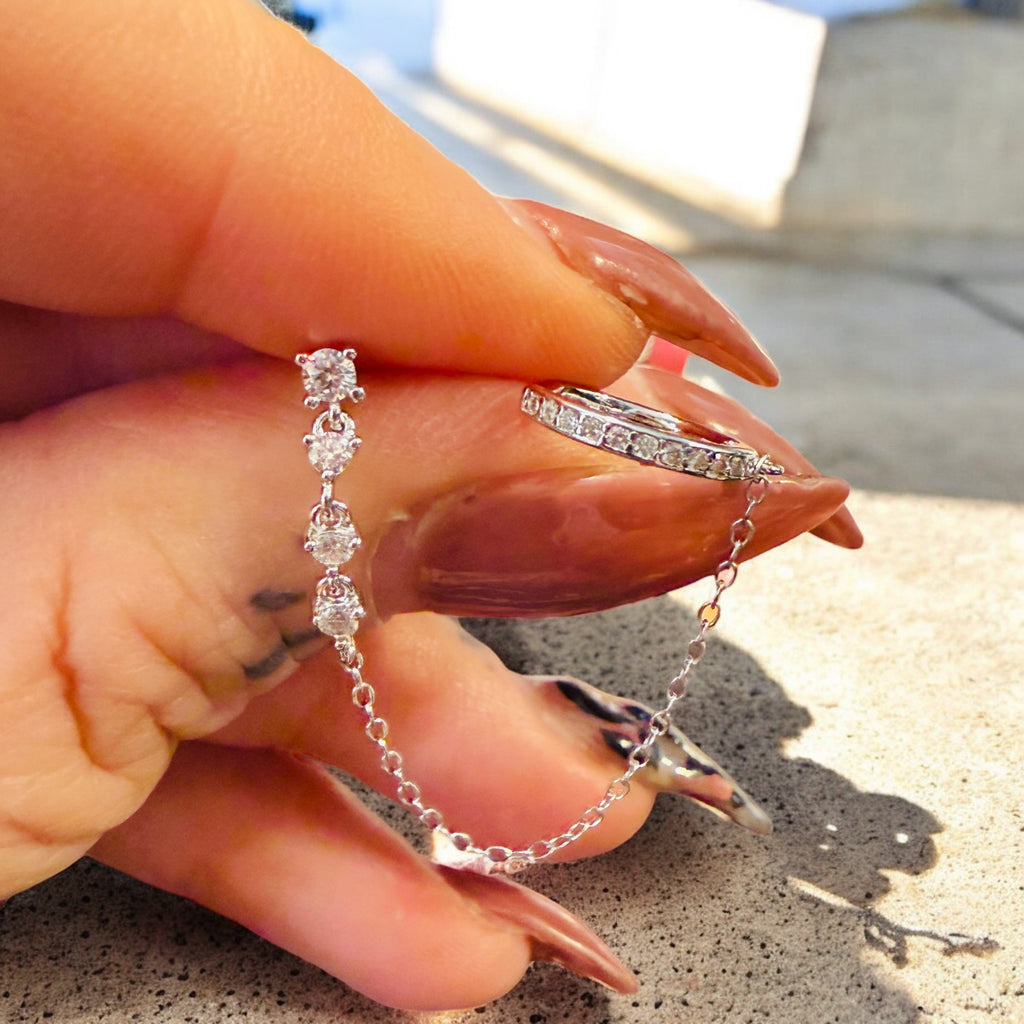 Waterproof Dainty Zircon & Chain Stud with Ear Cuff Solid Sterling Silver (Sold as a Single