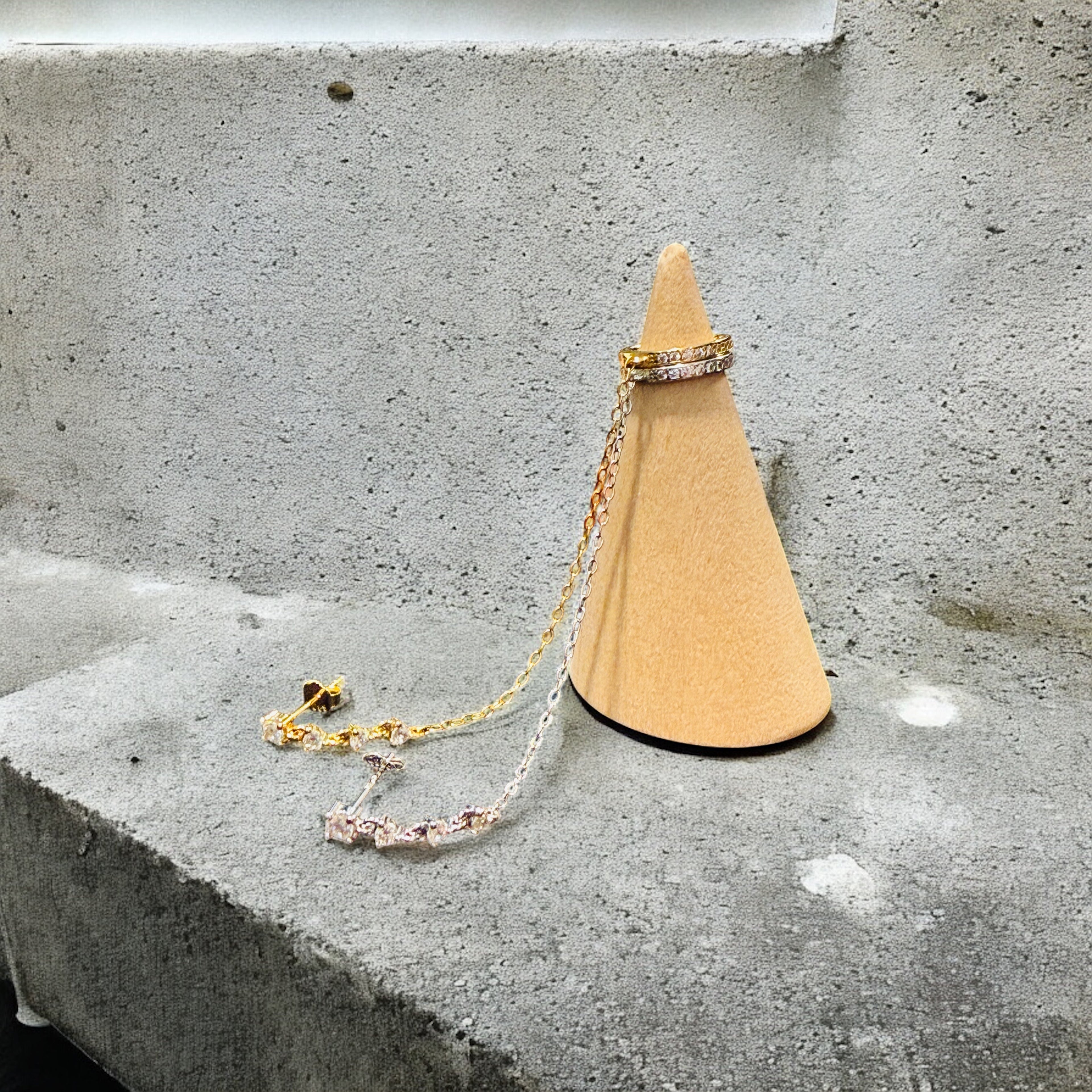 Waterproof Dainty Zircon & Chain Stud with Ear Cuff Solid Sterling Silver (Sold as a Single