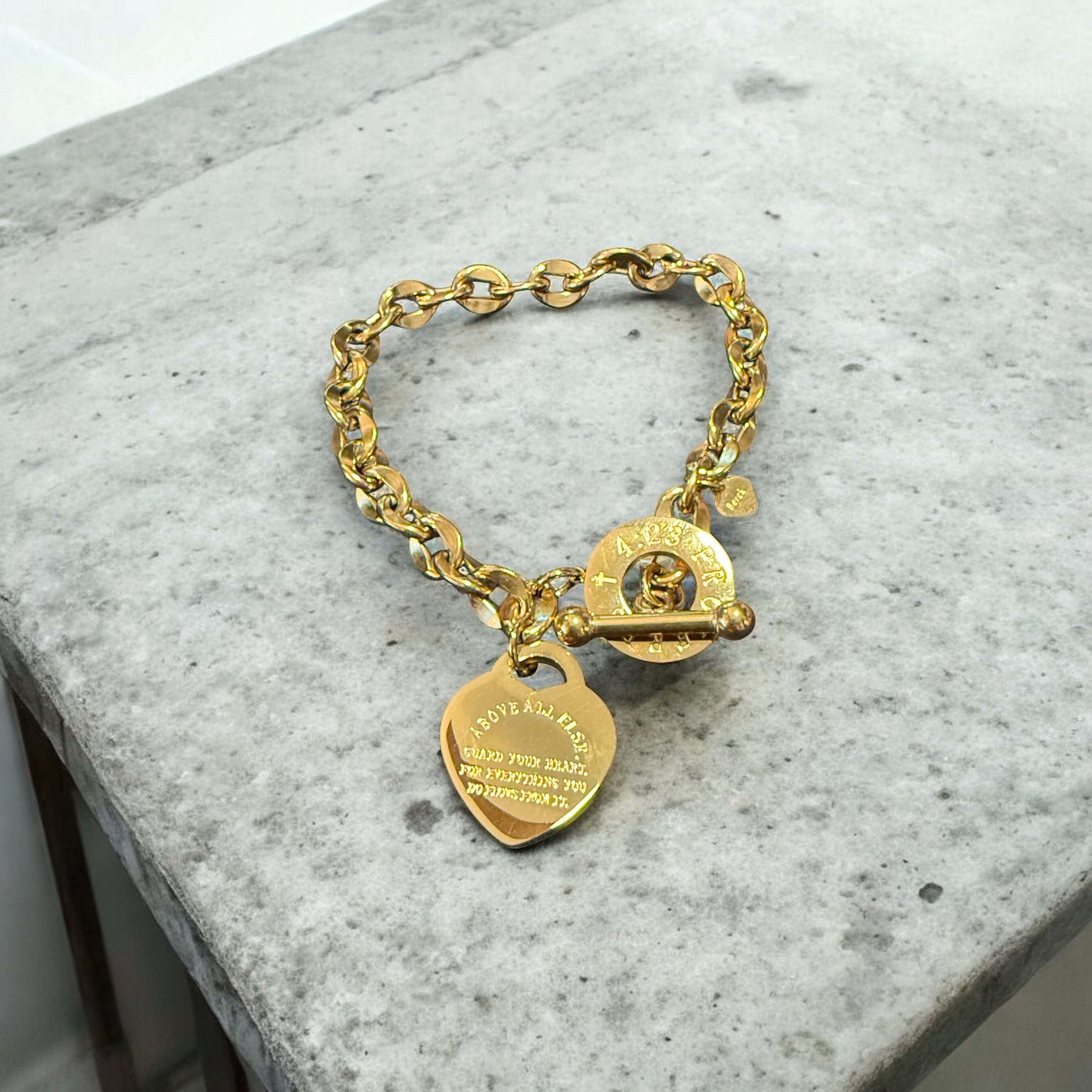 Waterproof Diamond Cut Chunky Oval Link Heart Toggle Bracelet "Above All Else"