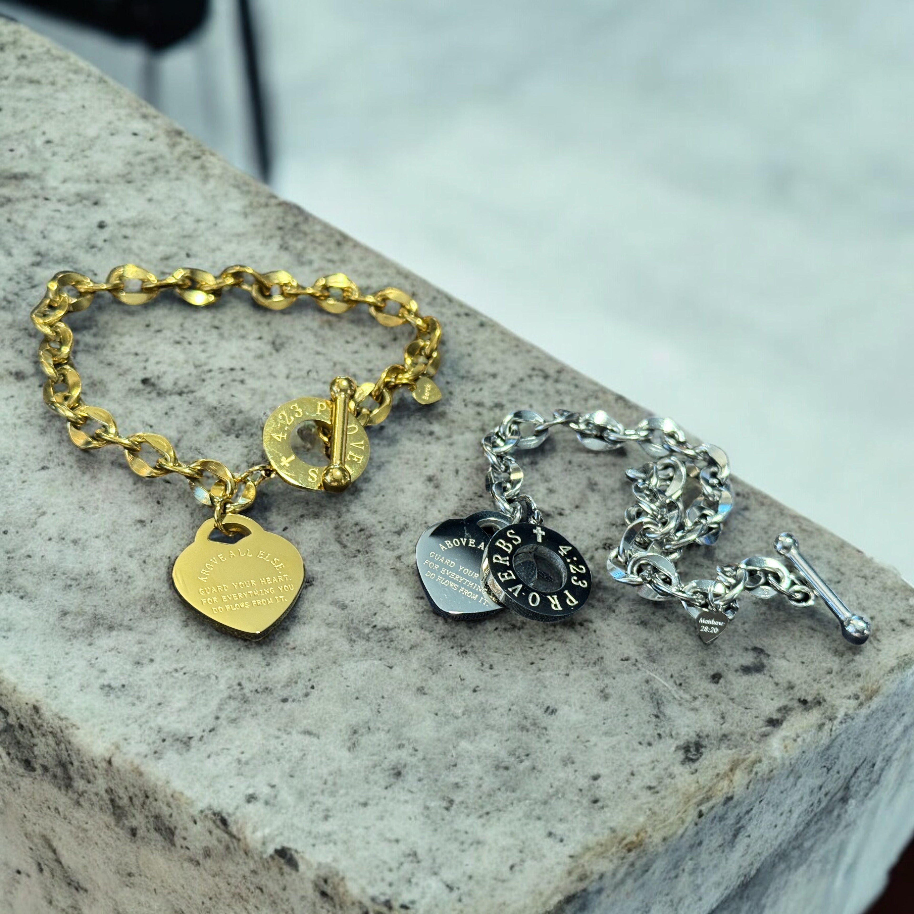 Waterproof Diamond Cut Chunky Oval Link Heart Toggle Bracelet "Above All Else"