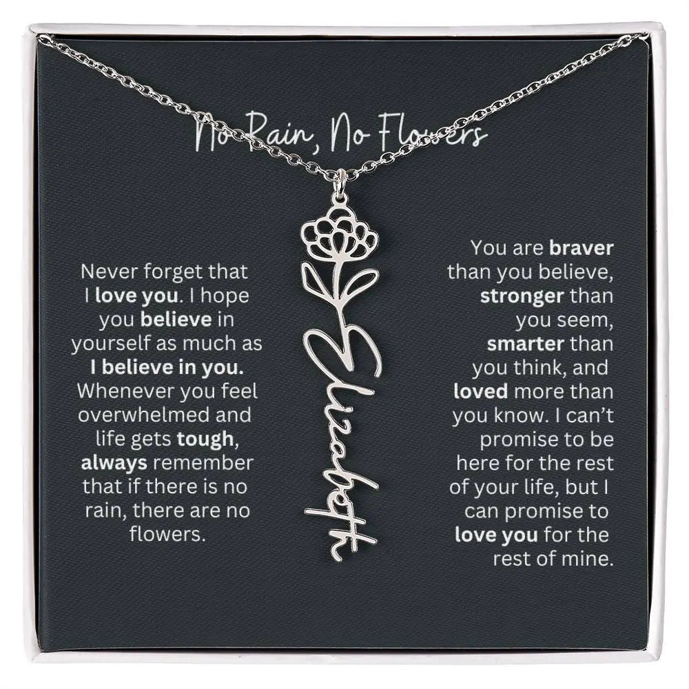 No Rain No Flowers Birth Necklace - Personalized Name Jewelry