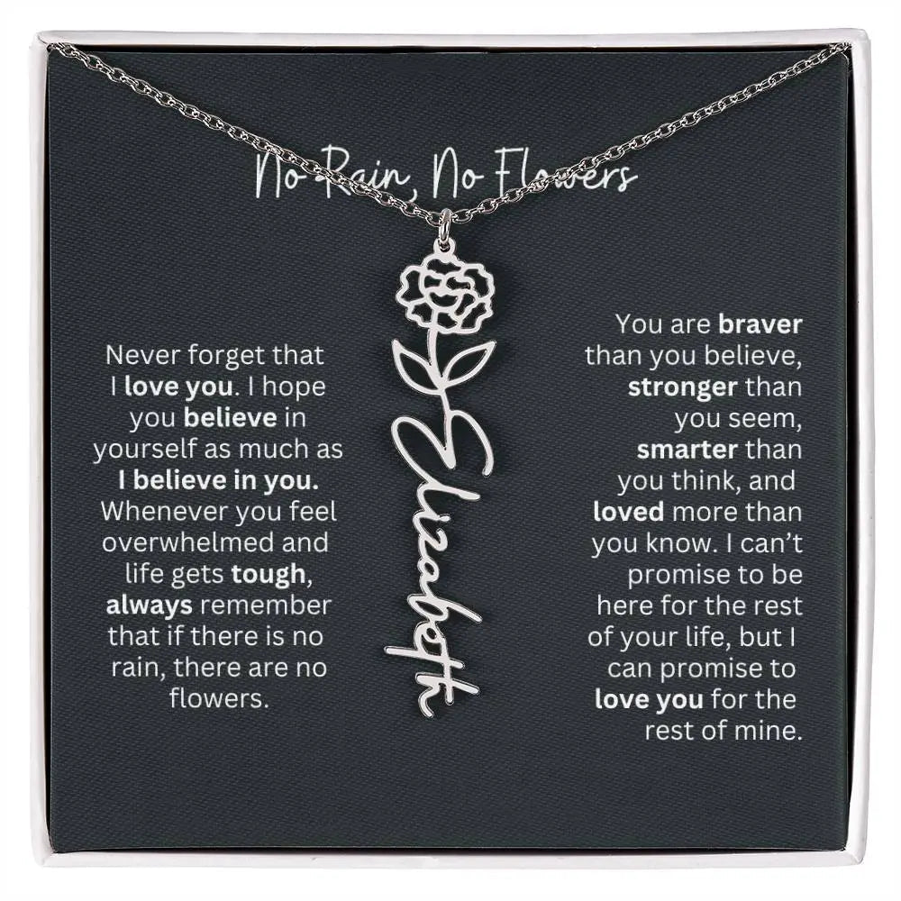 No Rain No Flowers Birth Necklace - Personalized Name Jewelry