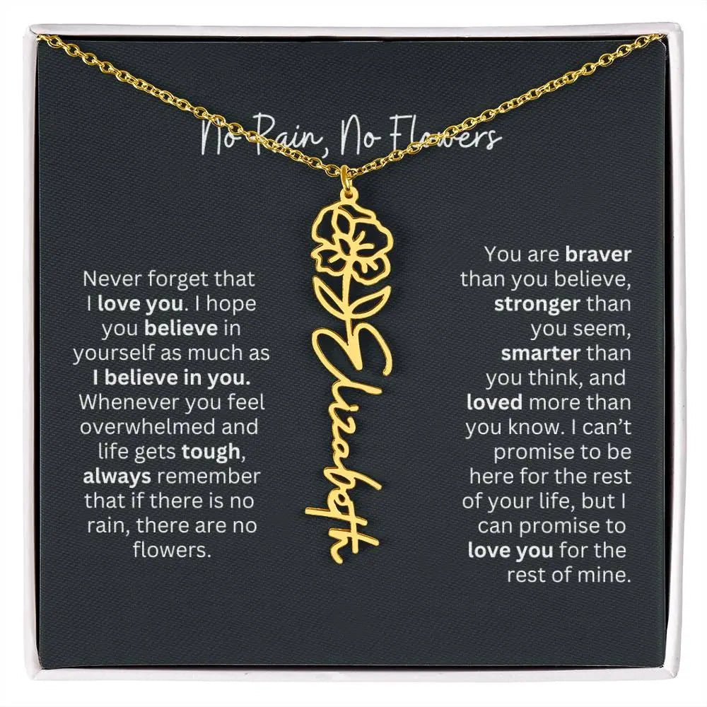 No Rain No Flowers Birth Necklace - Personalized Name Jewelry